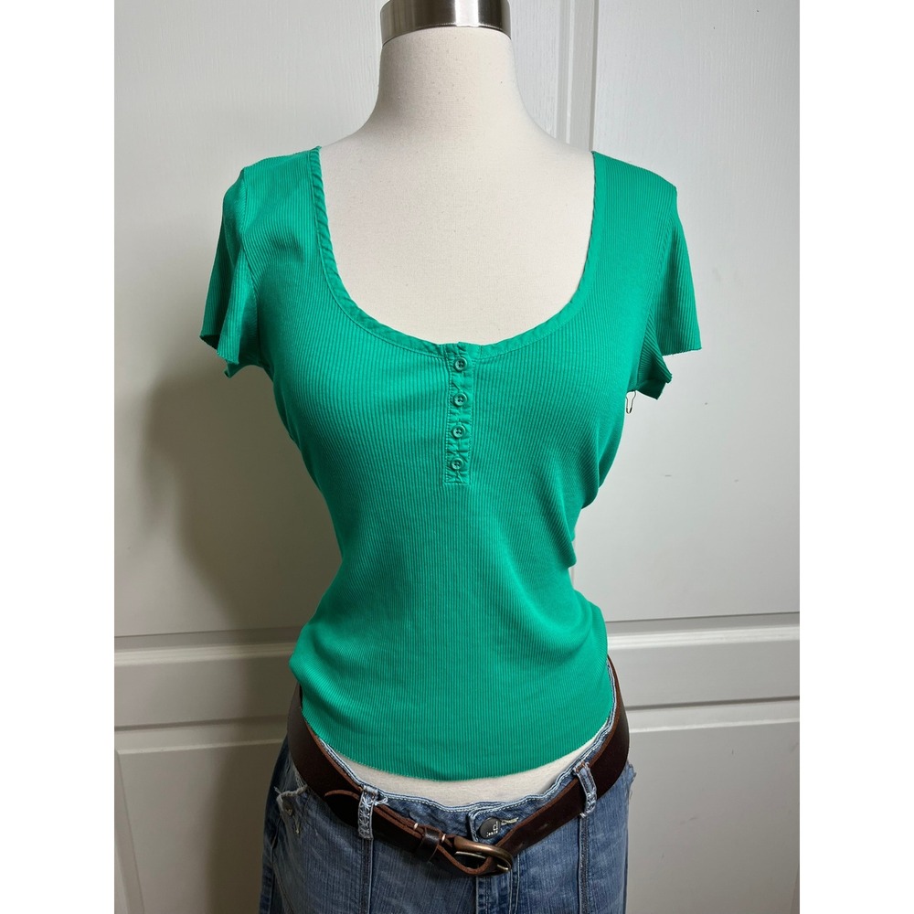 Nation LTD Womens M Top Green Ribbed Organic Pima Cotton Henley V-Back
